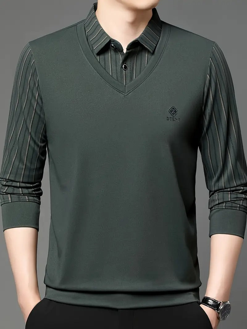 Men’s Green V-Neck T-shirt with Striped Sleeve & Collar