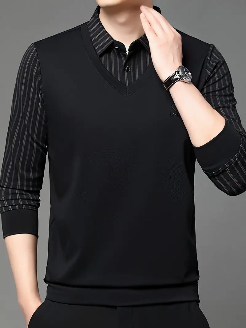 Men’s Black V-Neck T-shirt with Striped Sleeve & Collar