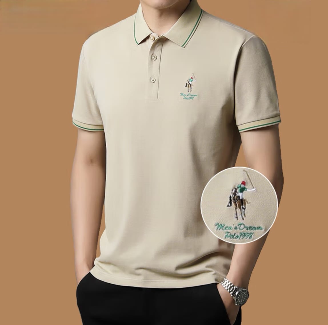Men’s Beige Premium Polo T-Shirt with Contrast Lined Collar & Sleeves