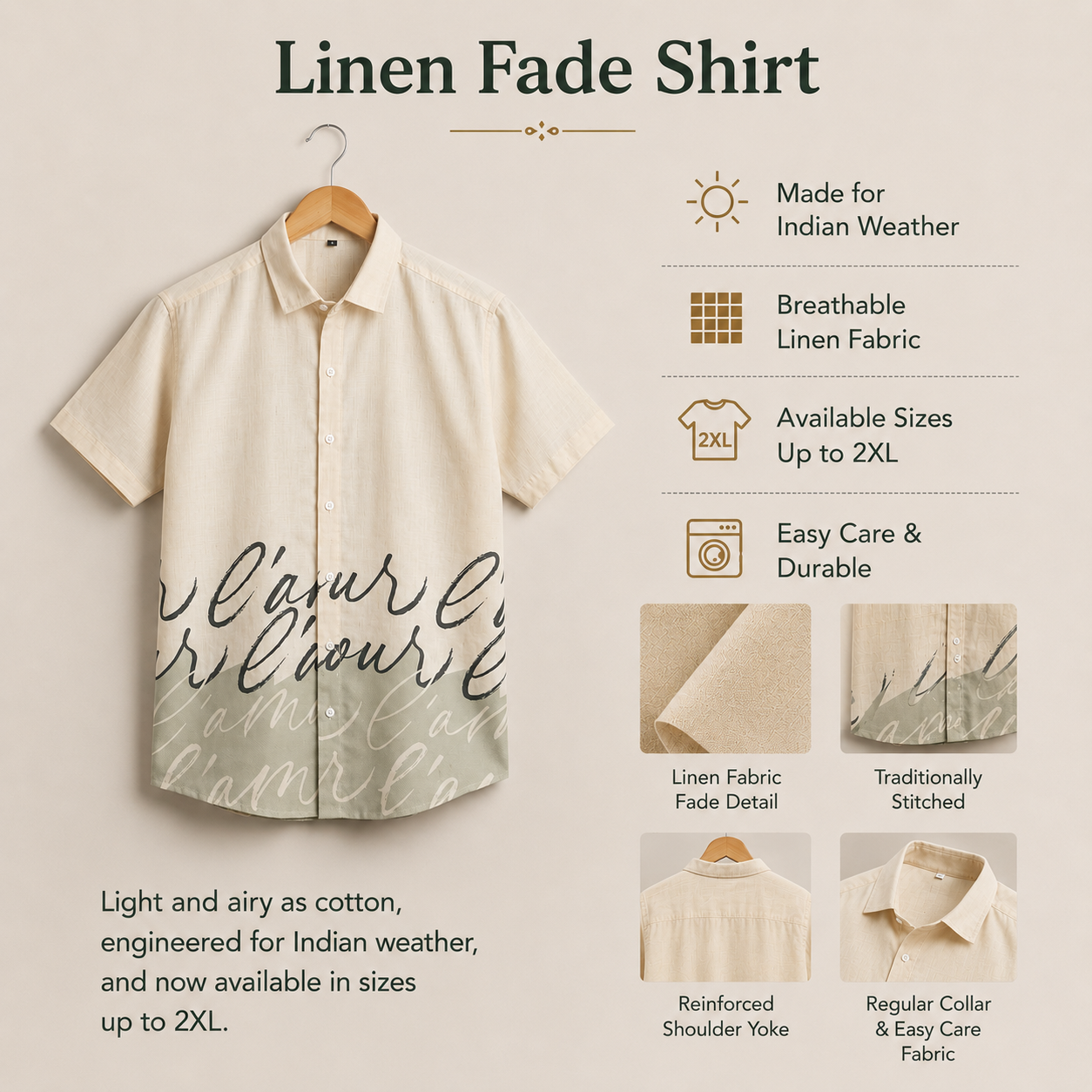 Green Beige Script Print Half Sleeve Shirt