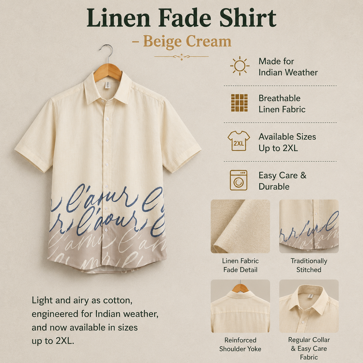Cream Beige Script Print Half Sleeve Shirt