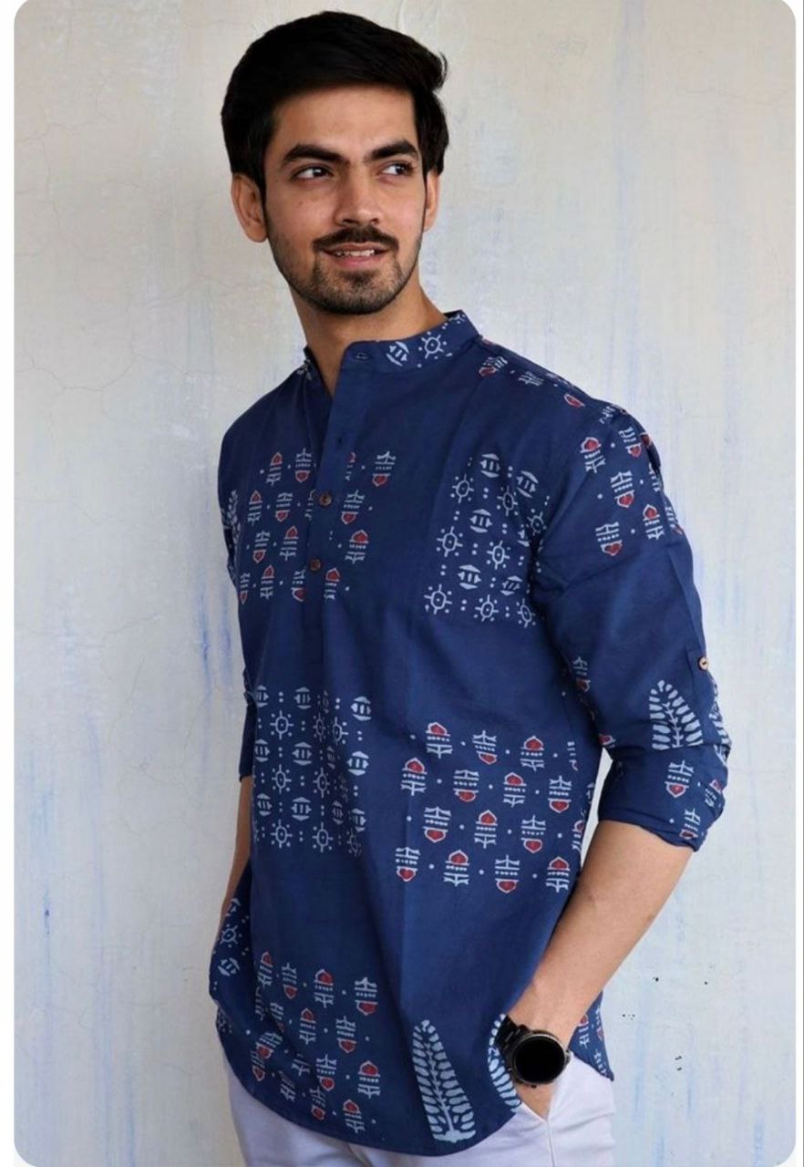 Men's Navy Blue Printed Kurta Shirt