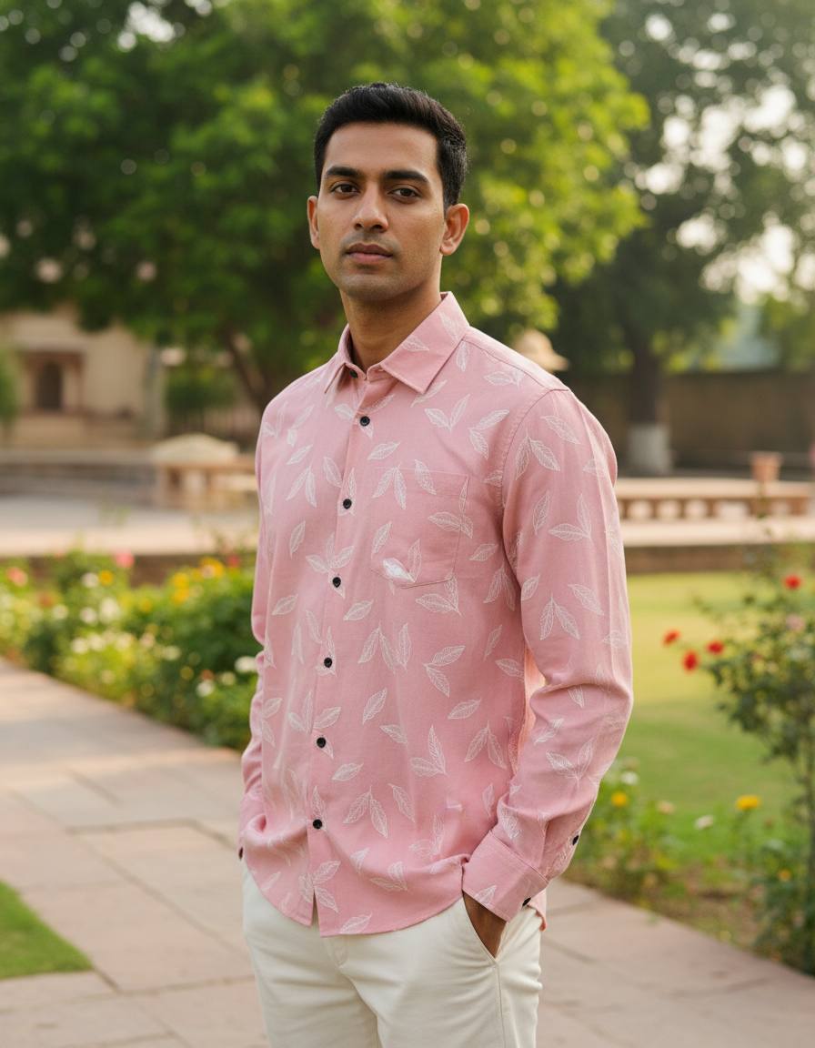 Blush Pink Leaf Printed Slim Fit Shirt