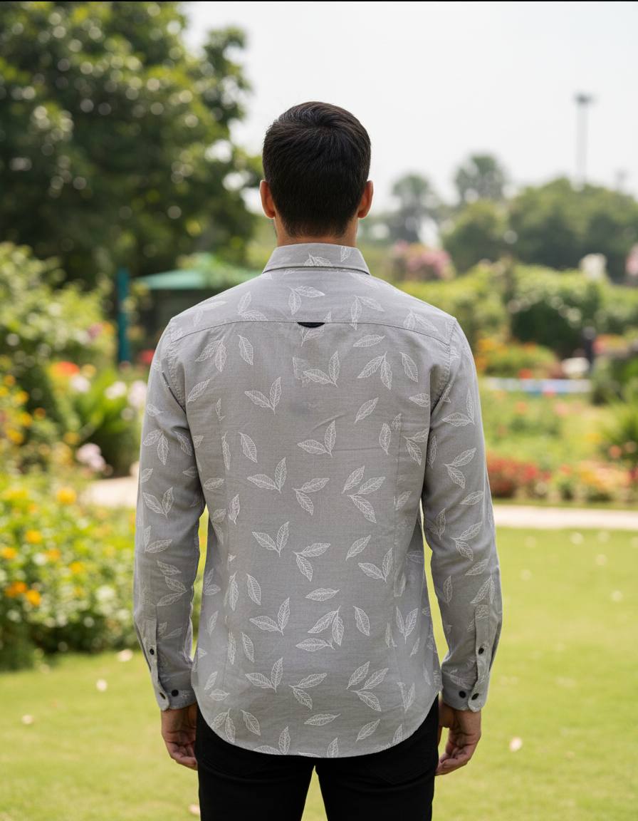 Pearl Grey Leaf Printed Slim Fit Shirt