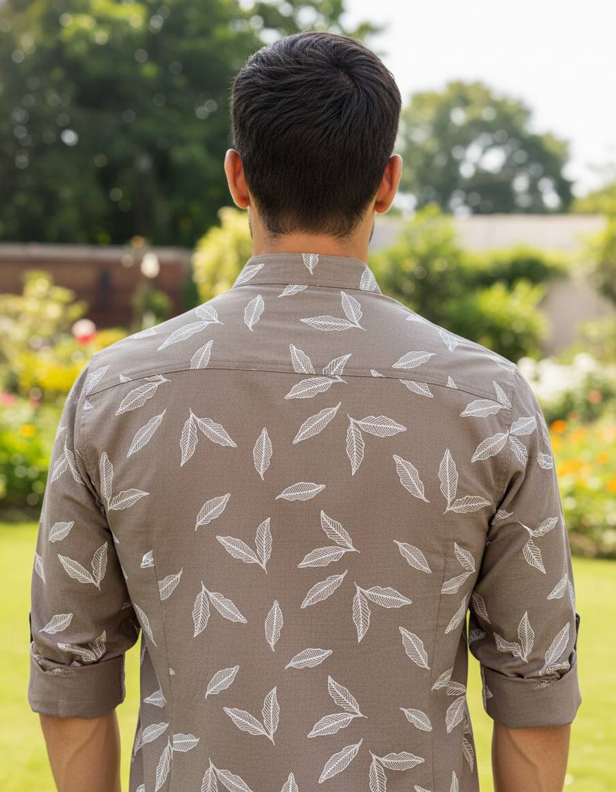 Mocha Brown Leaf Printed Slim Fit Shirt