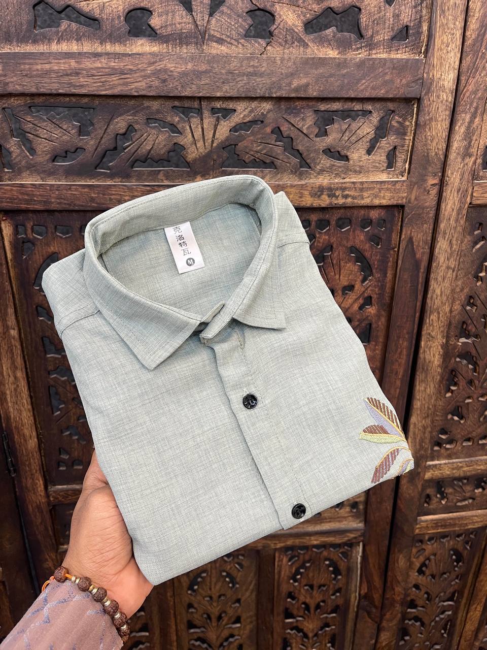 Sage Green Slim Fit Palm Embroidery Shirt