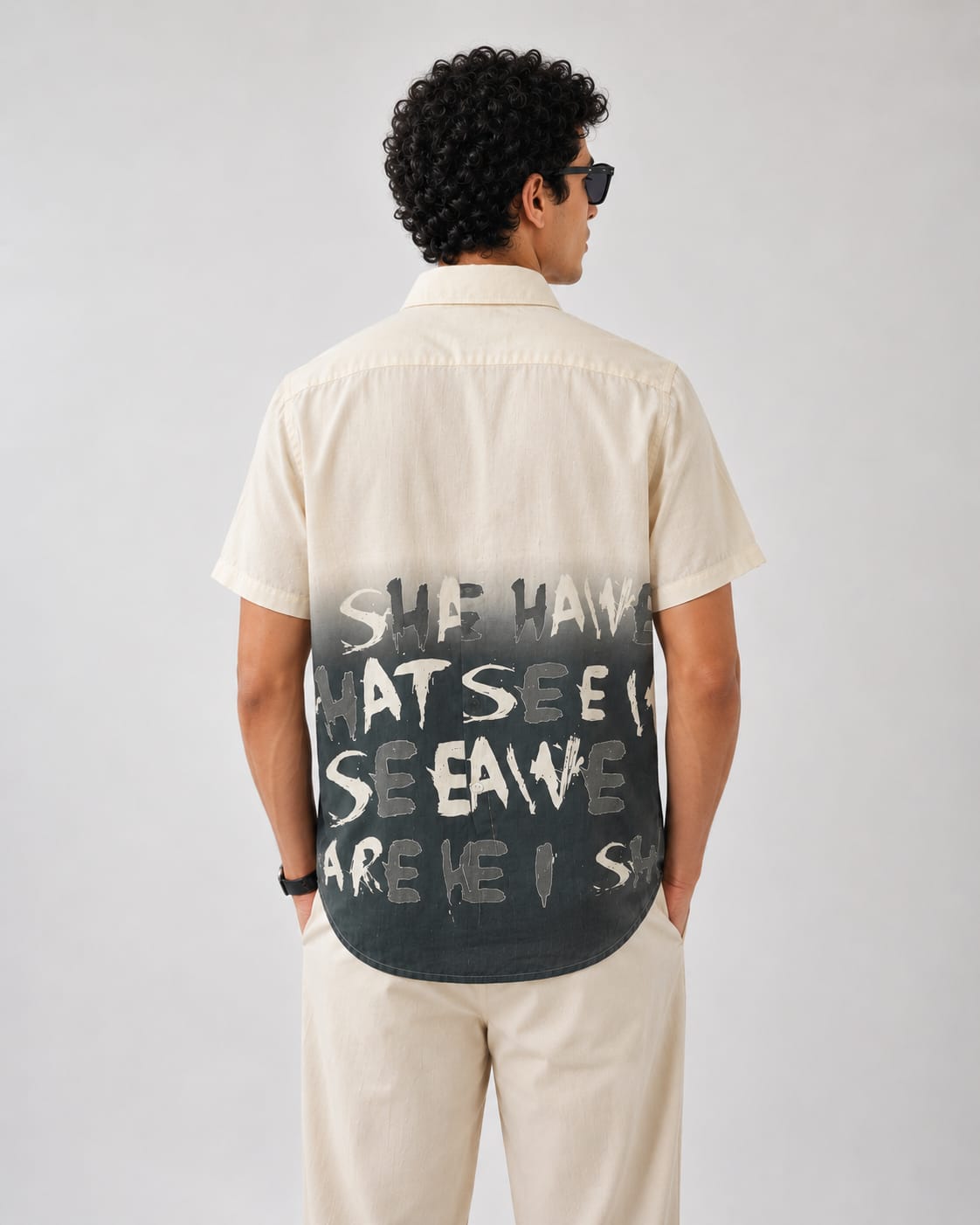 Beige & Charcoal Typography Print Half Sleeve Shirt