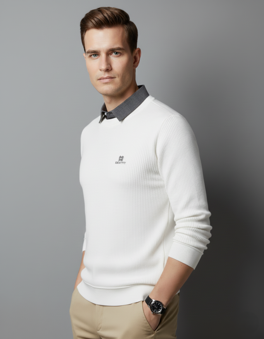 Men’s White Ribbed Polo Collar Full Sleeve T-Shirt