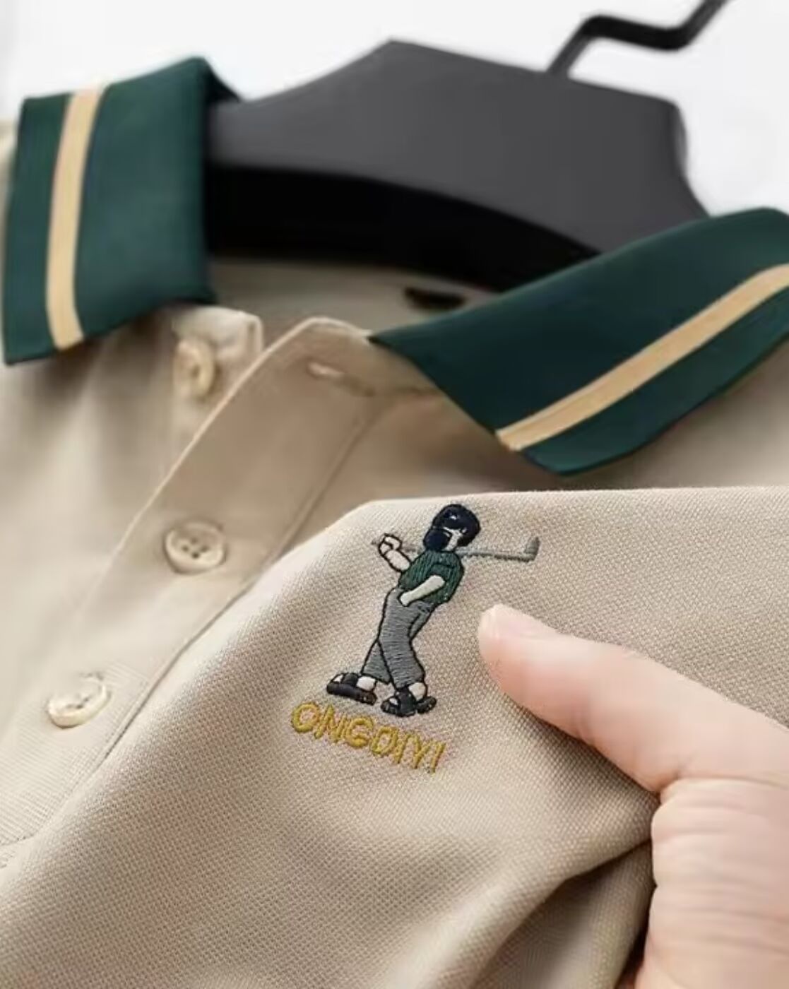 Men’s Beige Polo T-Shirt with Green Striped Collar