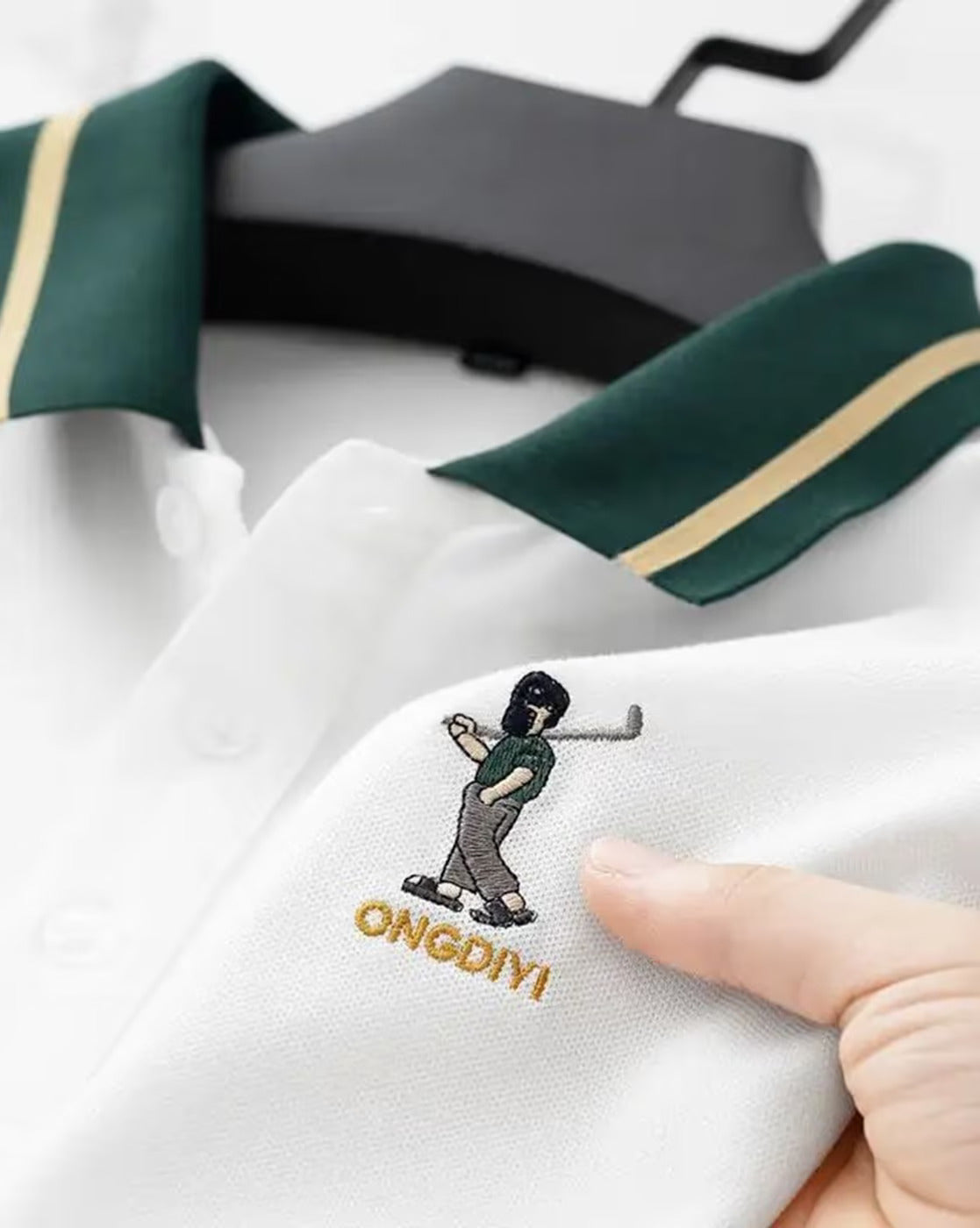 Men’s White Polo T-Shirt with Green Striped Collar