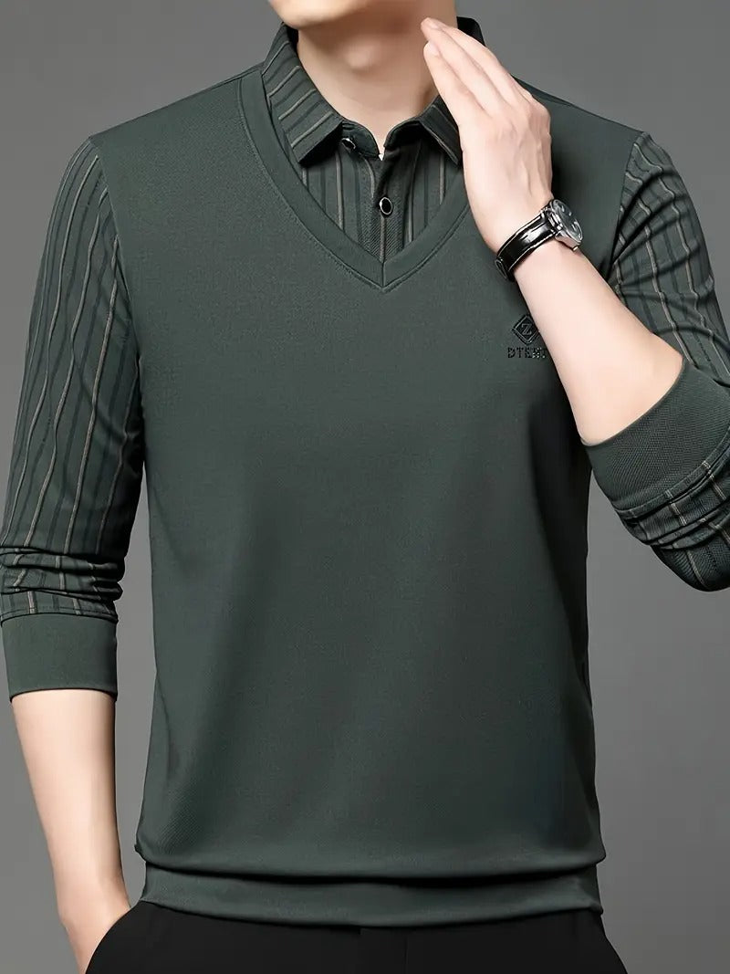 Men’s Green V-Neck T-shirt with Striped Sleeve & Collar