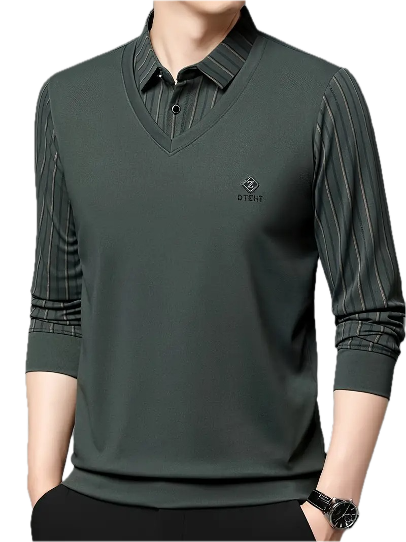 Men’s Green V-Neck T-shirt with Striped Sleeve & Collar