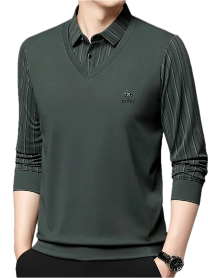 Men’s Green V-Neck T-shirt with Striped Sleeve & Collar