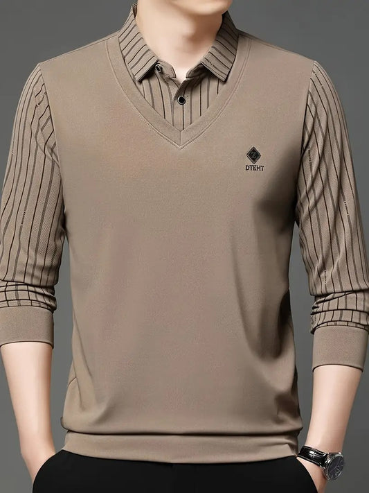 Men’s Beige V-Neck T-shirt with Striped Sleeve & Collar