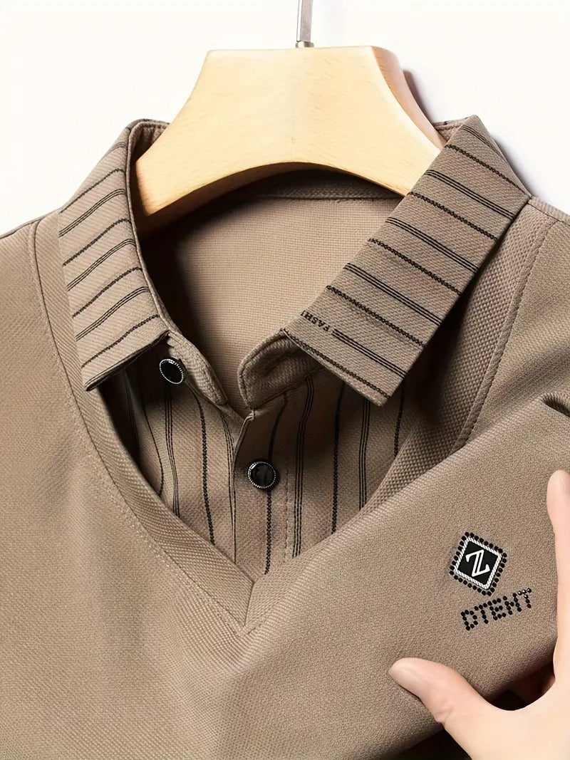 Men’s Beige V-Neck T-shirt with Striped Sleeve & Collar