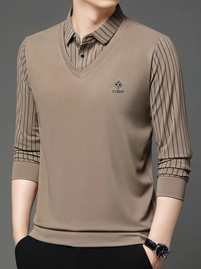 Men’s Beige V-Neck T-shirt with Striped Sleeve & Collar