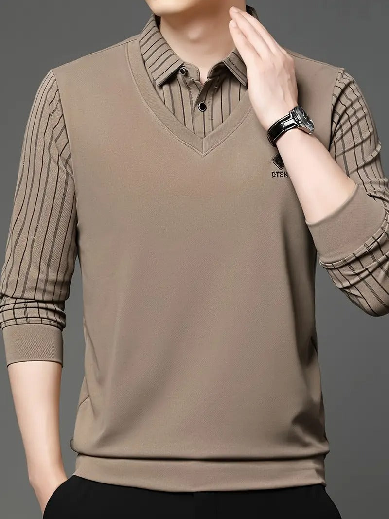 Men’s Beige V-Neck T-shirt with Striped Sleeve & Collar