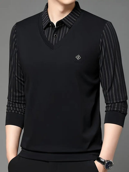 Men’s Black V-Neck T-shirt with Striped Sleeve & Collar