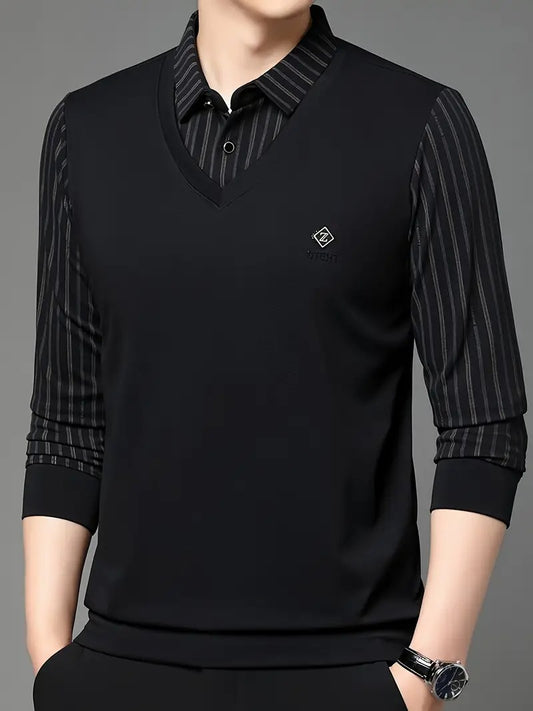 Men’s Black V-Neck T-shirt with Striped Sleeve & Collar
