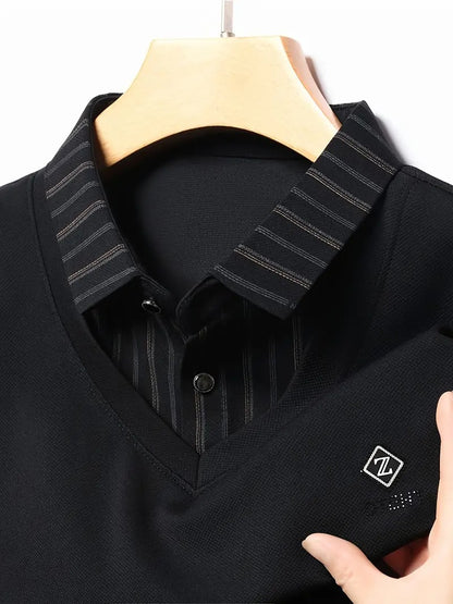 Men’s Black V-Neck T-shirt with Striped Sleeve & Collar