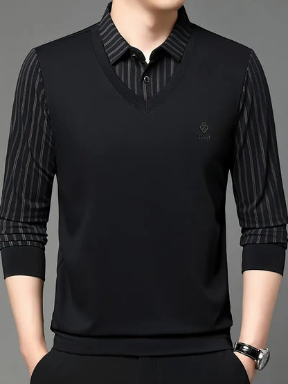 Men’s Black V-Neck T-shirt with Striped Sleeve & Collar