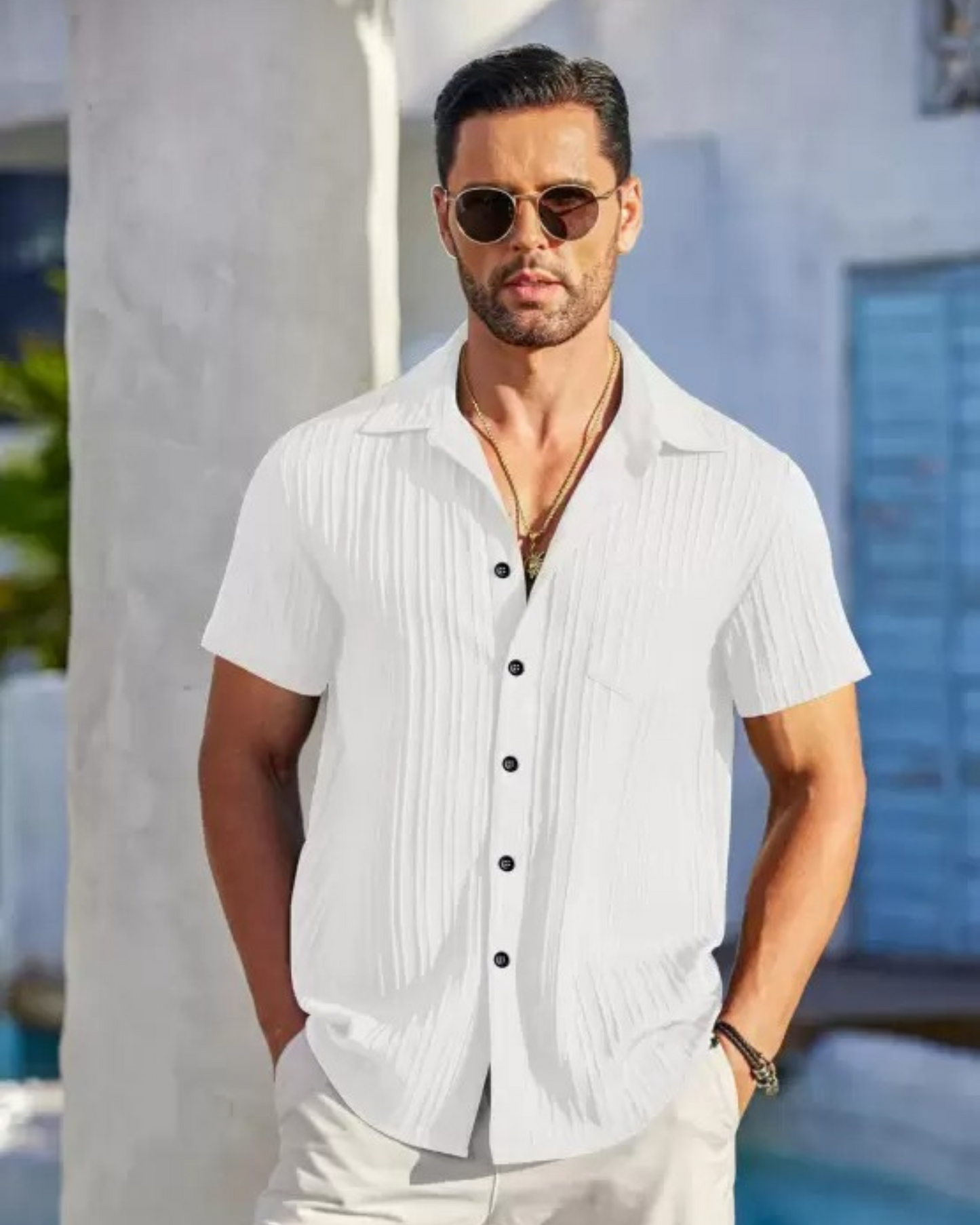 CLASSIC WHITE SHORT SLEEVE TEXTURED SHIRT FOR MEN