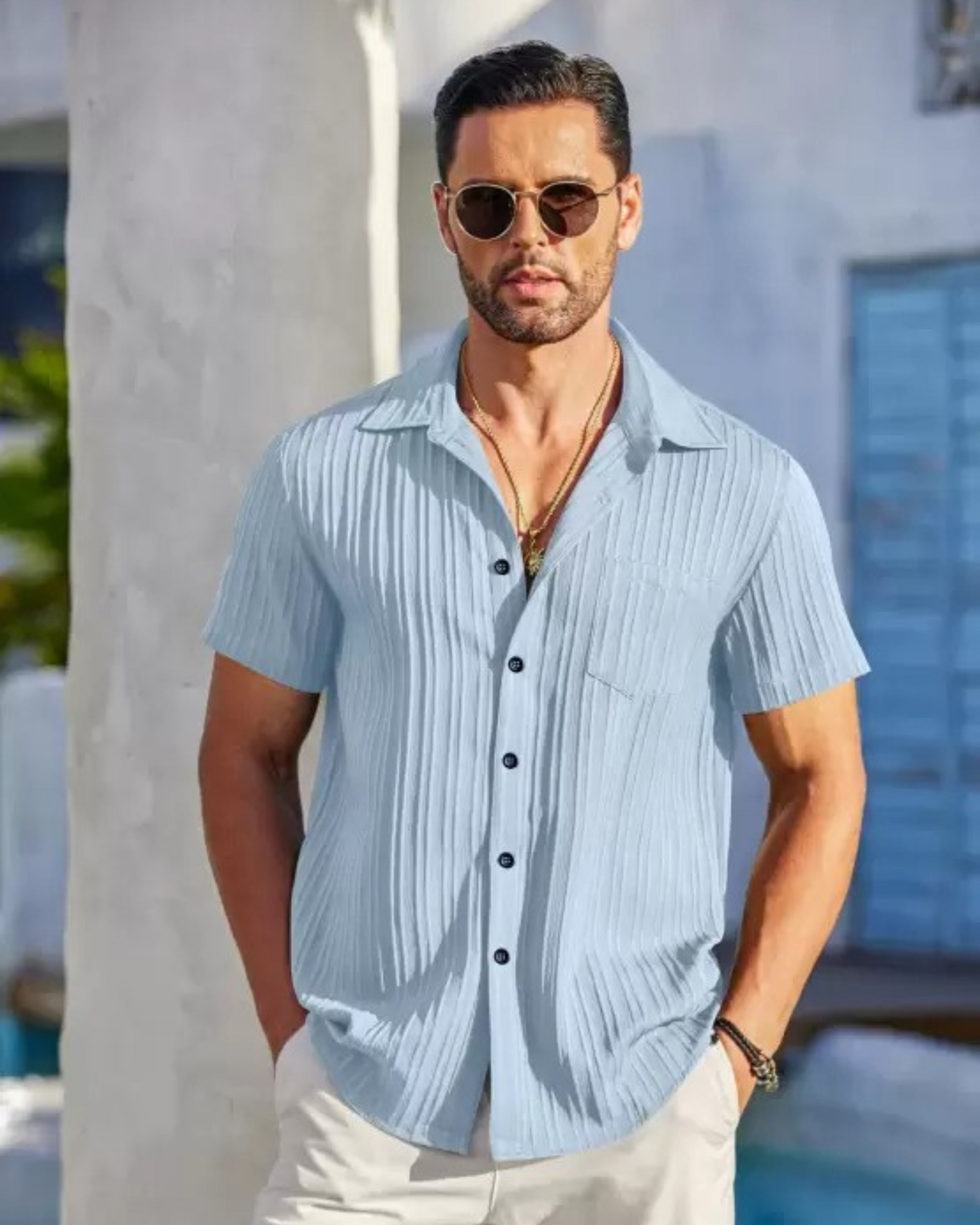 SKY BLUE SHORT SLEEVE TEXTURED SHIRT FOR MEN