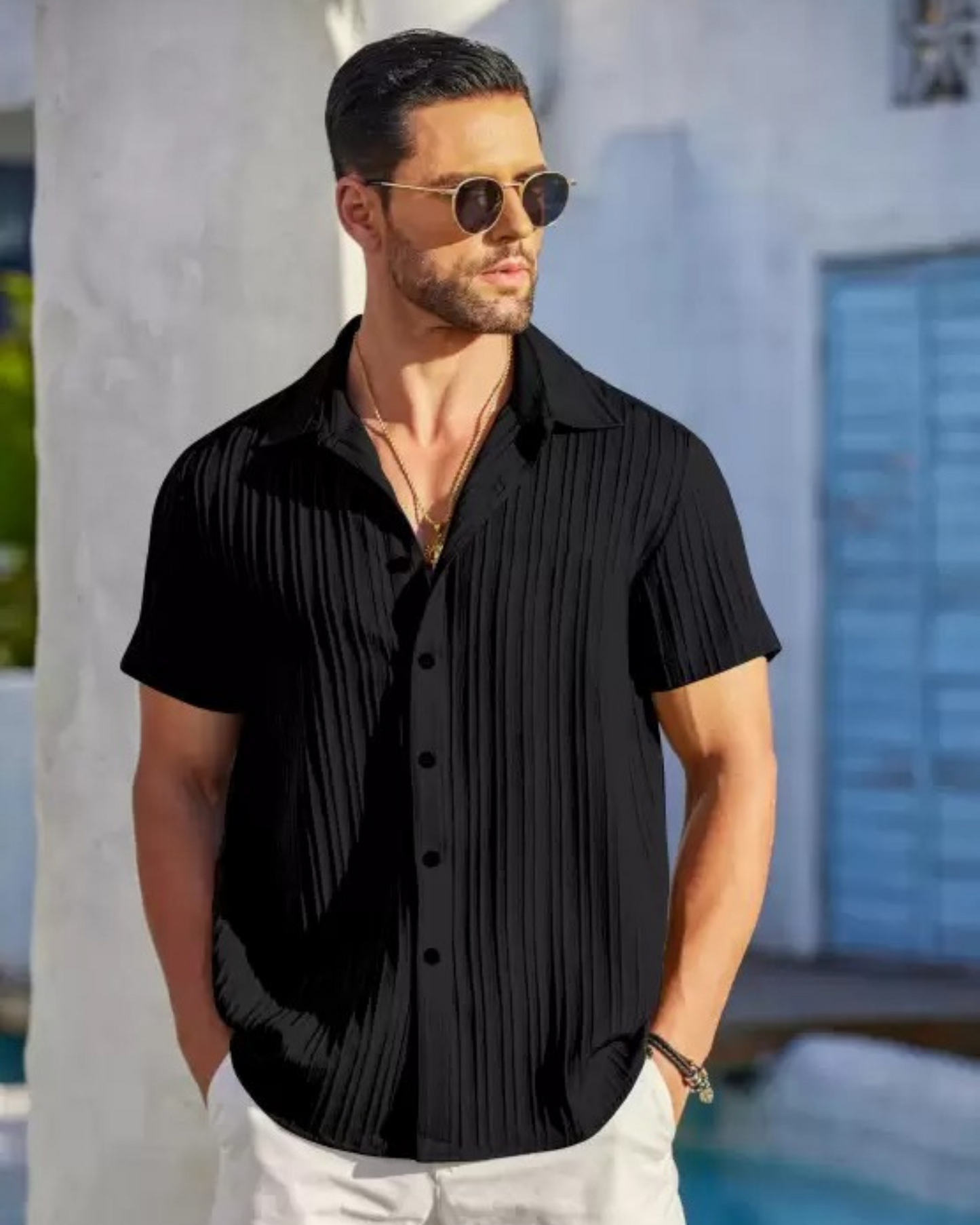 ROYAL BLACK SHORT SLEEVE TEXTURED SHIRT FOR MEN