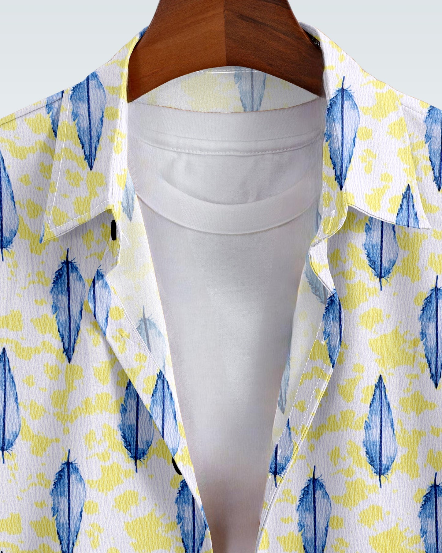 MAN'S SHORT SLEEVE WHITE SHIRT WITH BLUE AND YELLOW FLORAL PRINT