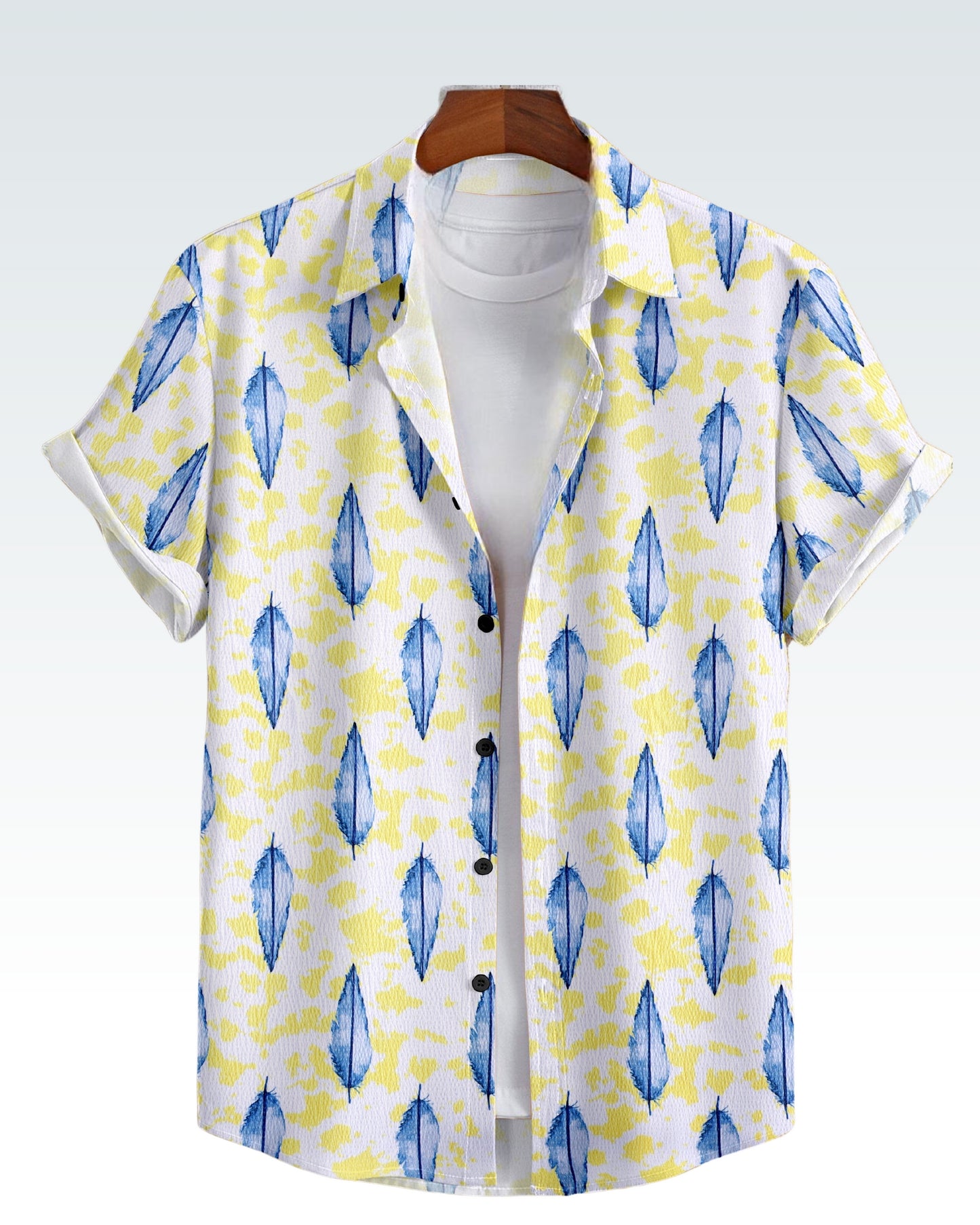 MAN'S SHORT SLEEVE WHITE SHIRT WITH BLUE AND YELLOW FLORAL PRINT