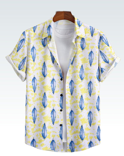 MAN'S SHORT SLEEVE WHITE SHIRT WITH BLUE AND YELLOW FLORAL PRINT