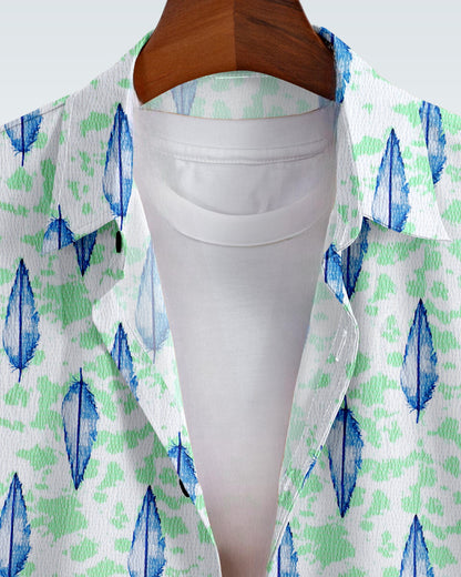 MAN'S SHORT SLEEVE WHITE SHIRT WITH BLUE AND GREEN FLORAL PRINT