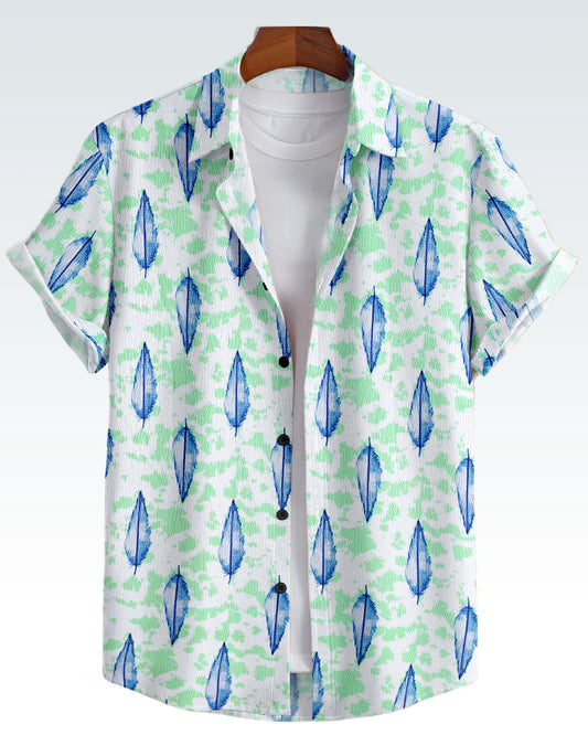 MAN'S SHORT SLEEVE WHITE SHIRT WITH BLUE AND GREEN FLORAL PRINT