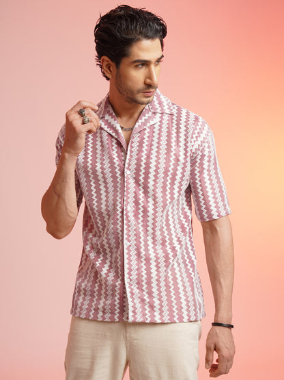 CROCHET ZIGZAG STRIPE PINK SHIRT