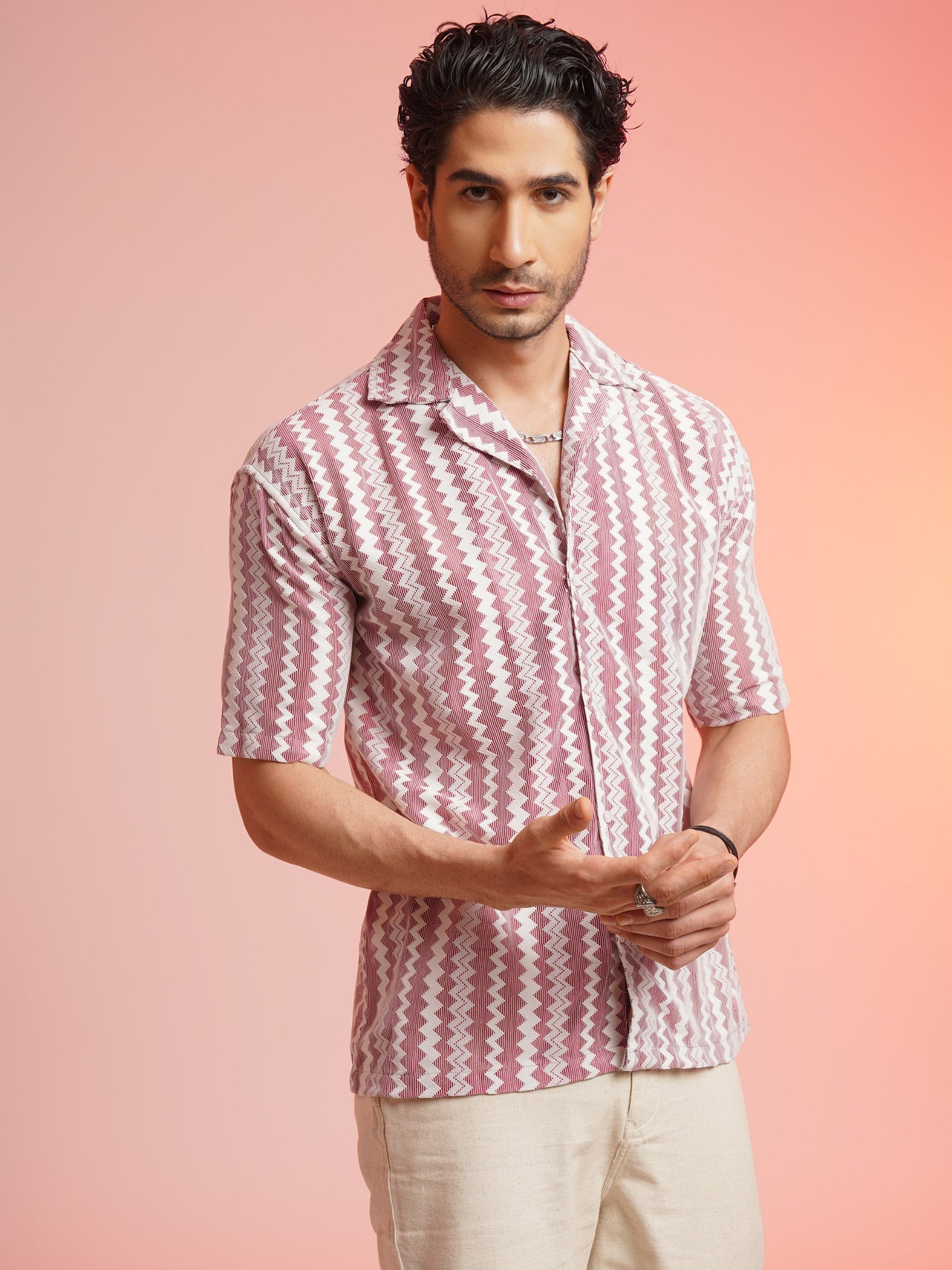 CROCHET ZIGZAG STRIPE PINK SHIRT