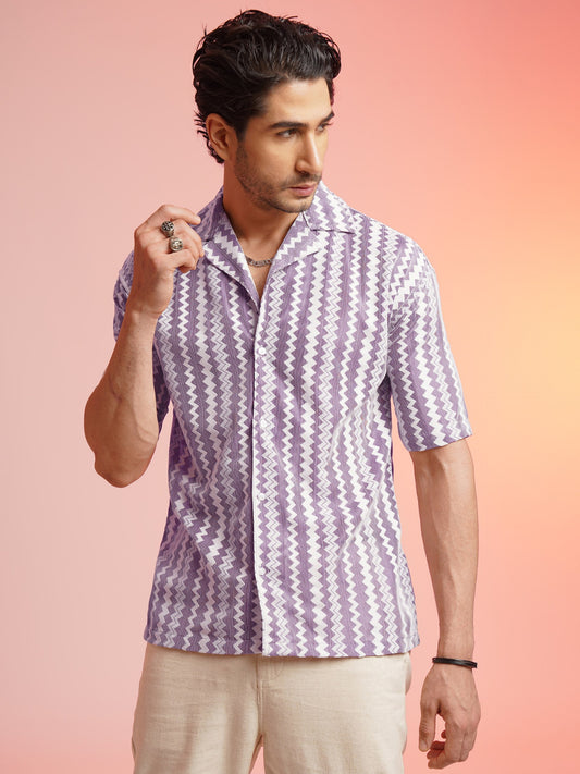 CROCHET ZIGZAG STRIPE PURPLE SHIRT