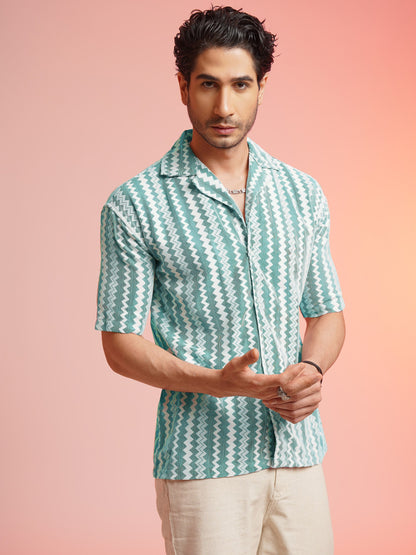 CROCHET ZIGZAG STRIPE SEA-BLUE SHIRT