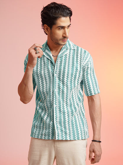 CROCHET ZIGZAG STRIPE SEA-BLUE SHIRT