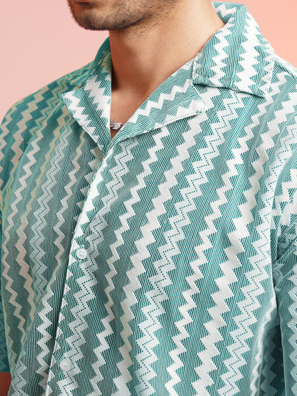 CROCHET ZIGZAG STRIPE SEA-BLUE SHIRT