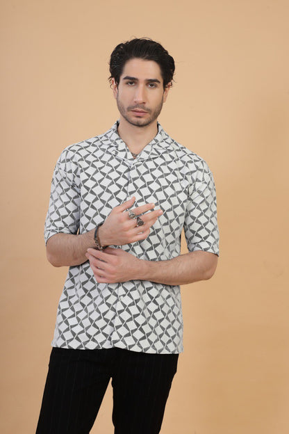 CROCHET GEOMATRIC HALF SLEEVE MEN SHIRT