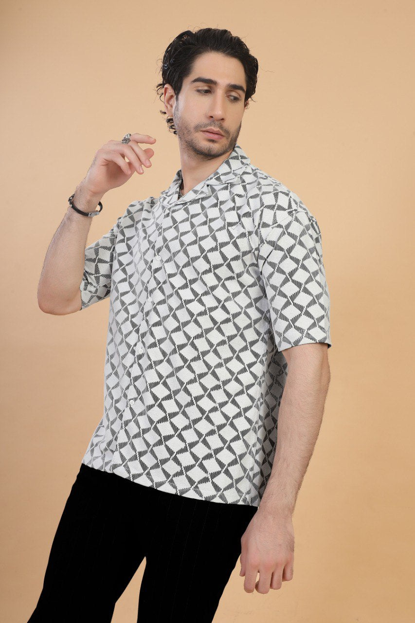 CROCHET GEOMATRIC HALF SLEEVE MEN SHIRT