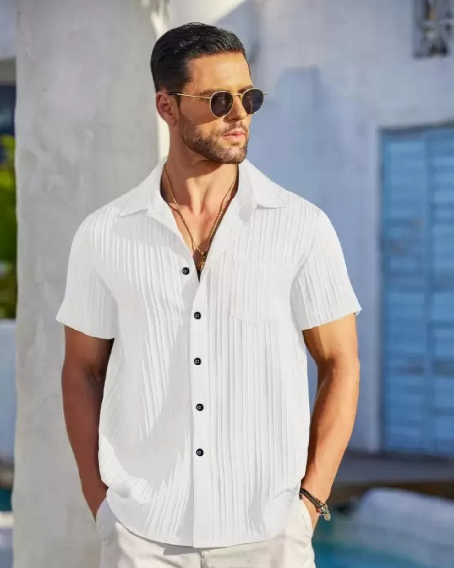 CLASSIC WHITE SHORT SLEEVE TEXTURED SHIRT FOR MEN