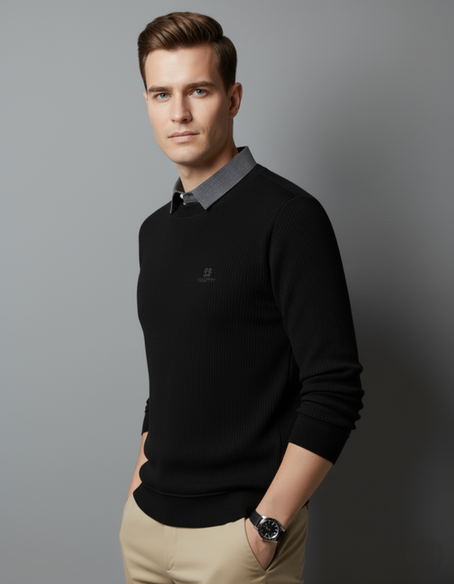 Men’s Black Ribbed Polo Collar Full Sleeve T-Shirt
