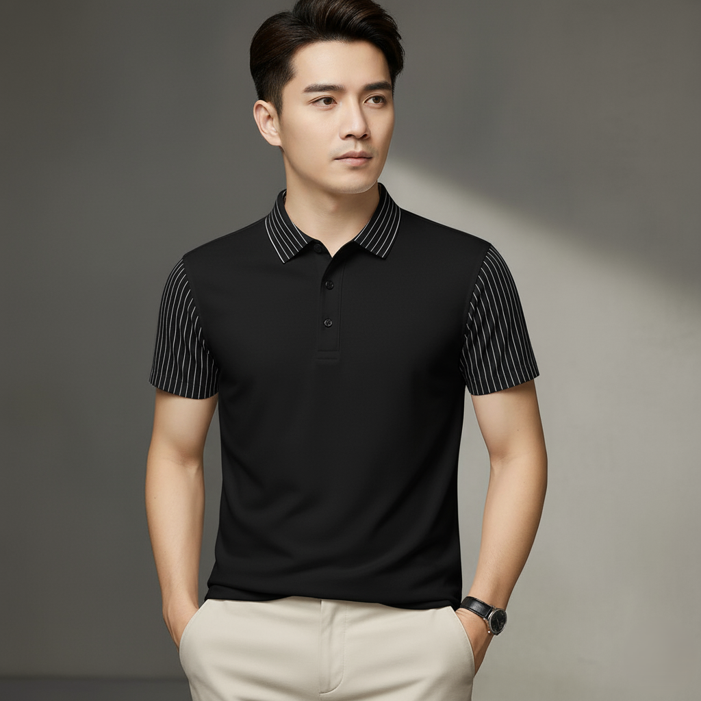 Men’s Black Polo T-Shirt with Striped Sleeves