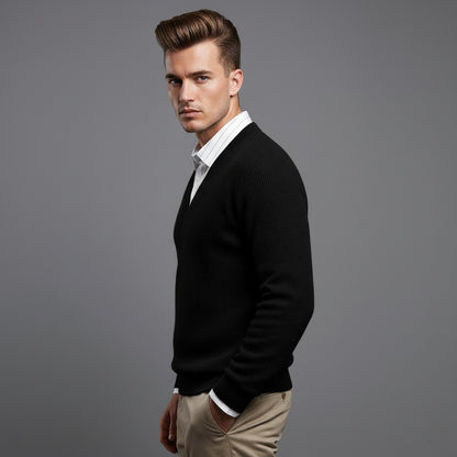 Men’s Black V-Neck Full Sleeve Textured T-Shirt