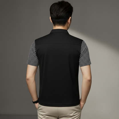 Men’s Black Polo T-Shirt with Striped Sleeves