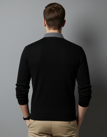 Men’s Black Ribbed Polo Collar Full Sleeve T-Shirt