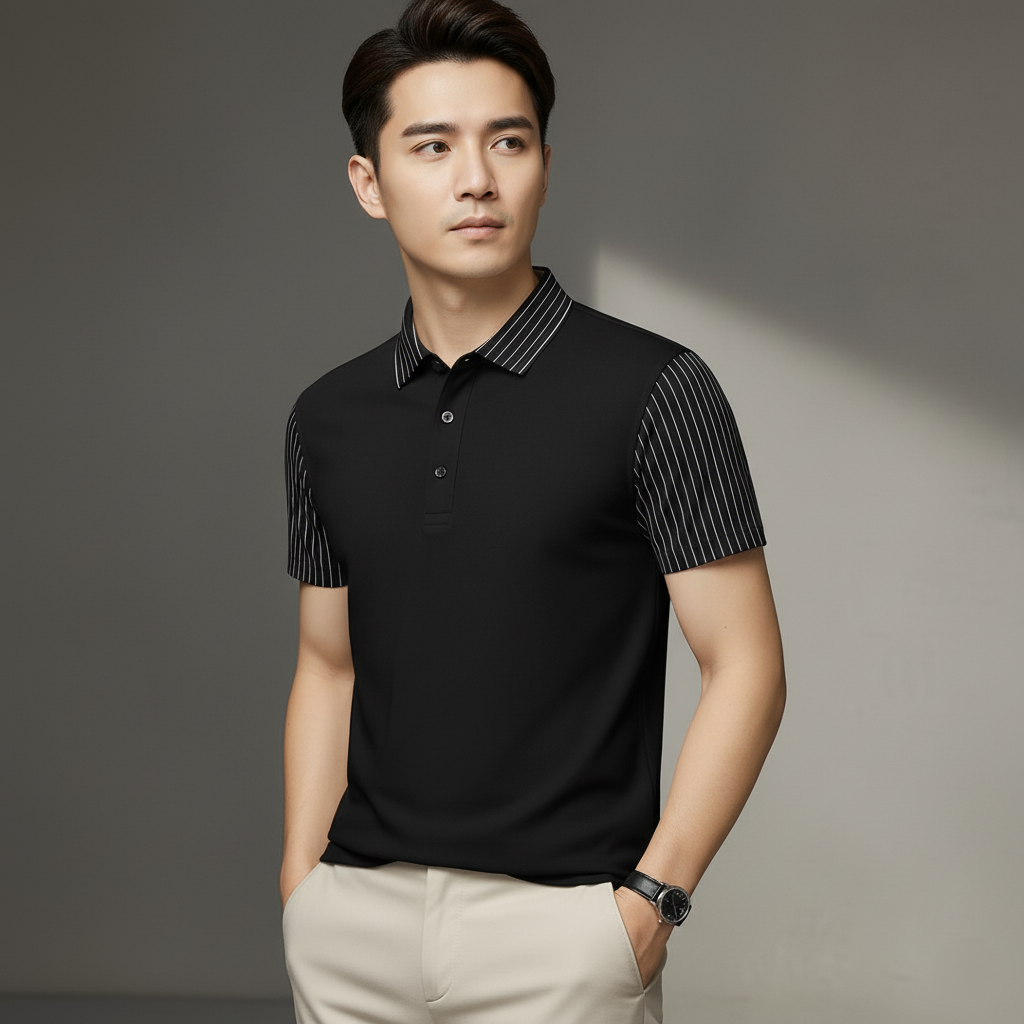 Men’s Black Polo T-Shirt with Striped Sleeves