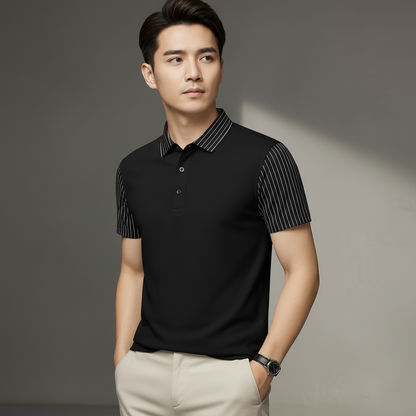 Men’s Black Polo T-Shirt with Striped Sleeves