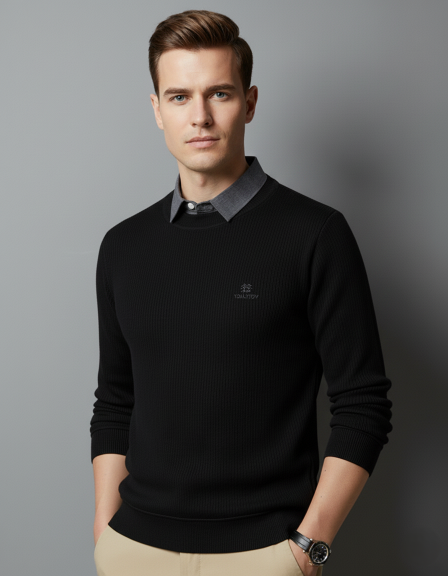 Men’s Black Ribbed Polo Collar Full Sleeve T-Shirt